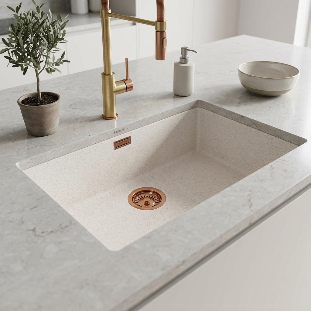 Lavello grande bianco sabbia 70x40 cm, da incasso o da appoggio, con tappo in rame 1208970528